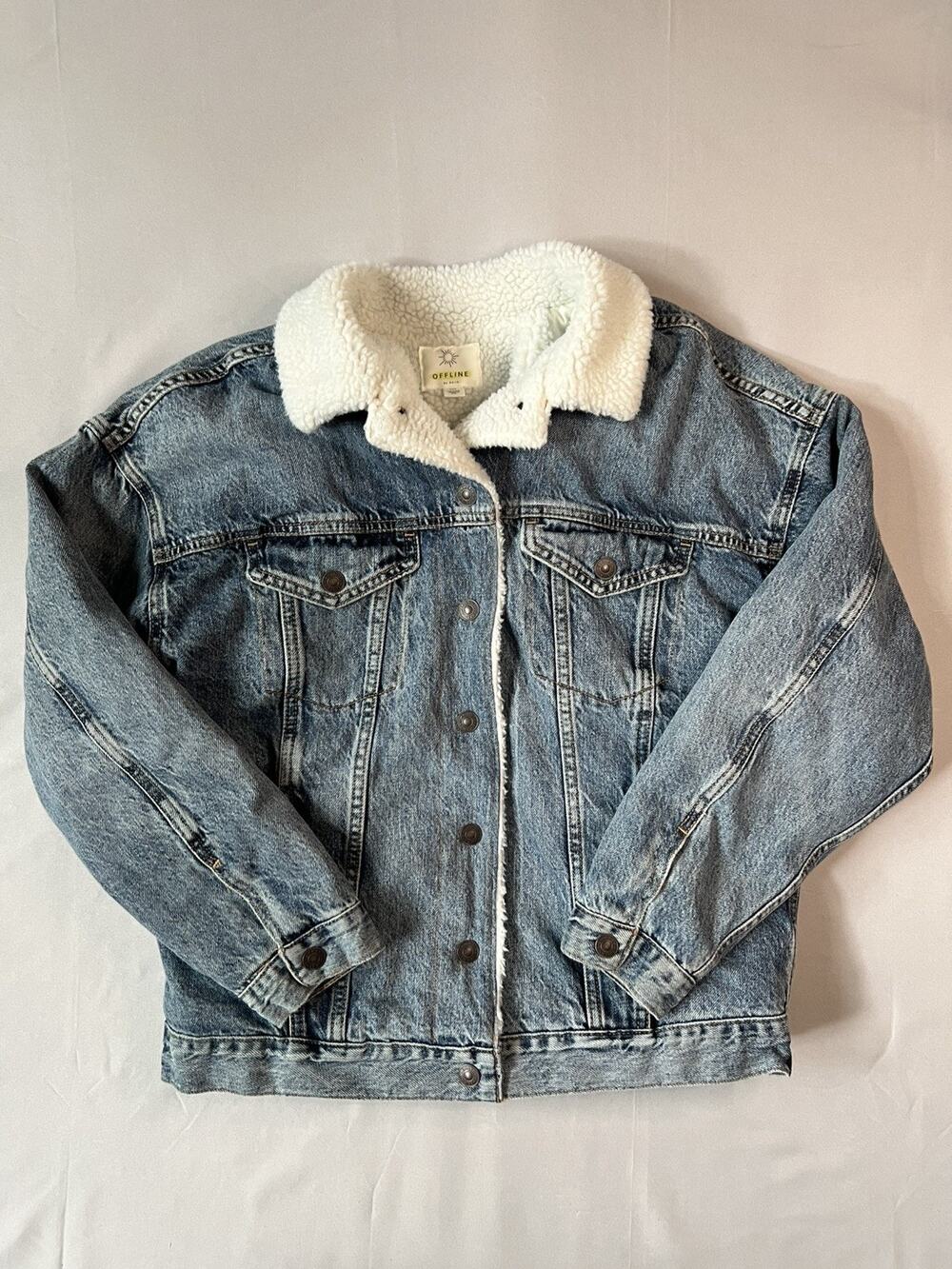 American Eagle Offline by Aerie Sherpa Lined Denim Jacket Womens Sz M Snap Up